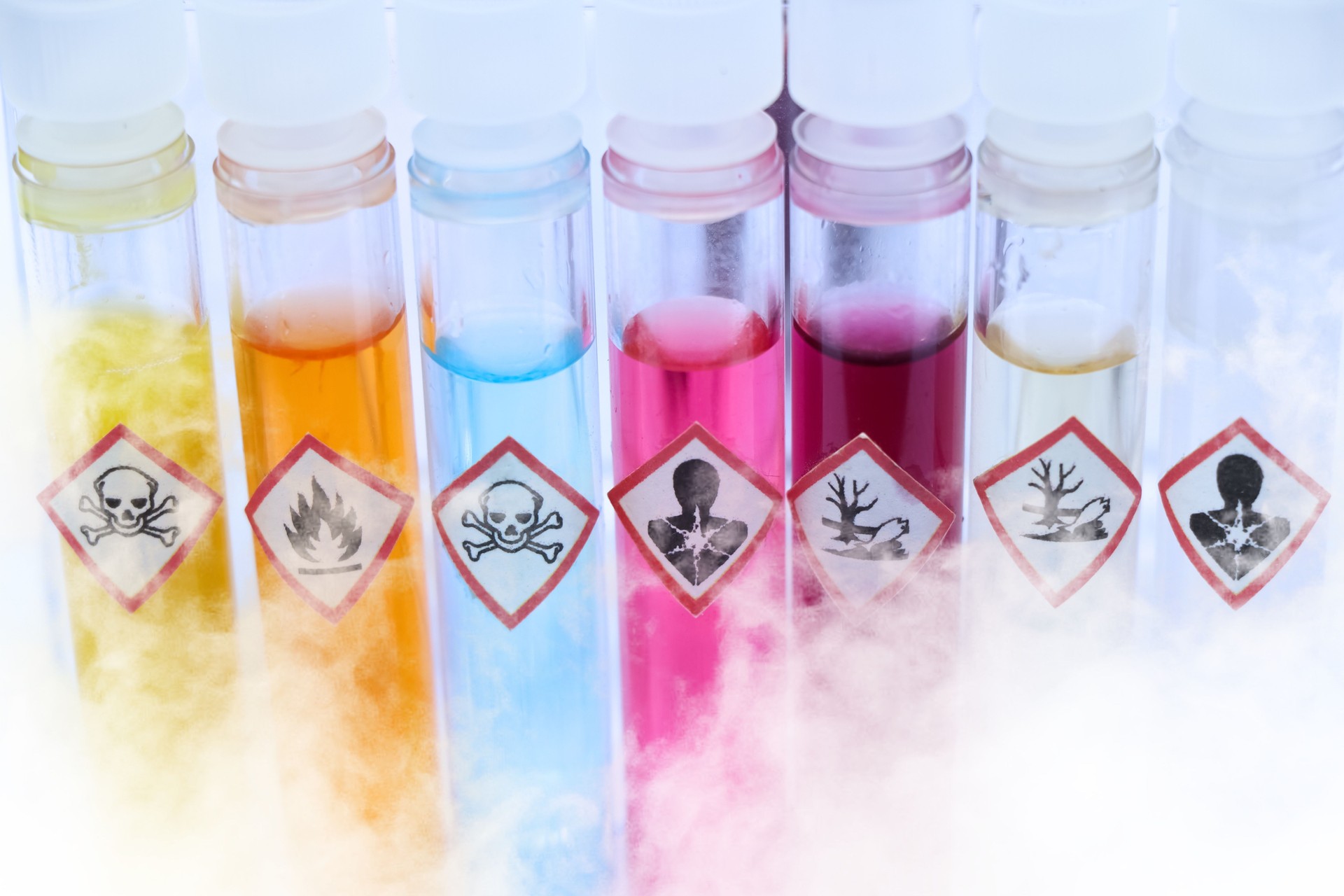 Chemicals in test tubes and symbols used in laboratory